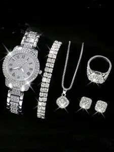 Women's Elegant Fashion Watch & Jewelry Set, Fashion Round Dial Wristwatch & Rhinestone Decorated Ring & Pendant Necklace & Bracelet & Ring, Exquisite Watch Set for Women