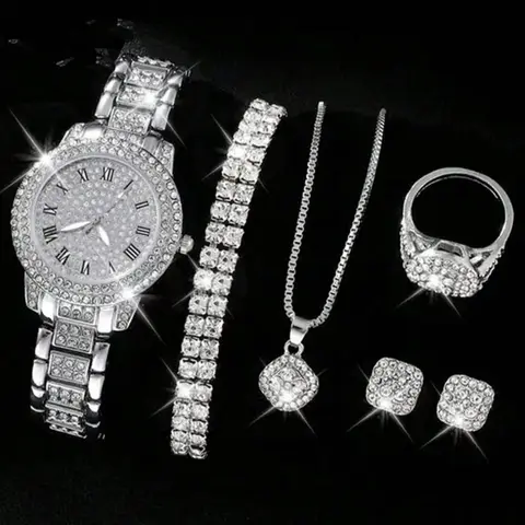 Women's Elegant Fashion Watch & Jewelry Set, Fashion Round Dial Wristwatch & Rhinestone Decorated Ring & Pendant Necklace & Bracelet & Ring, Exquisite Watch Set for Women