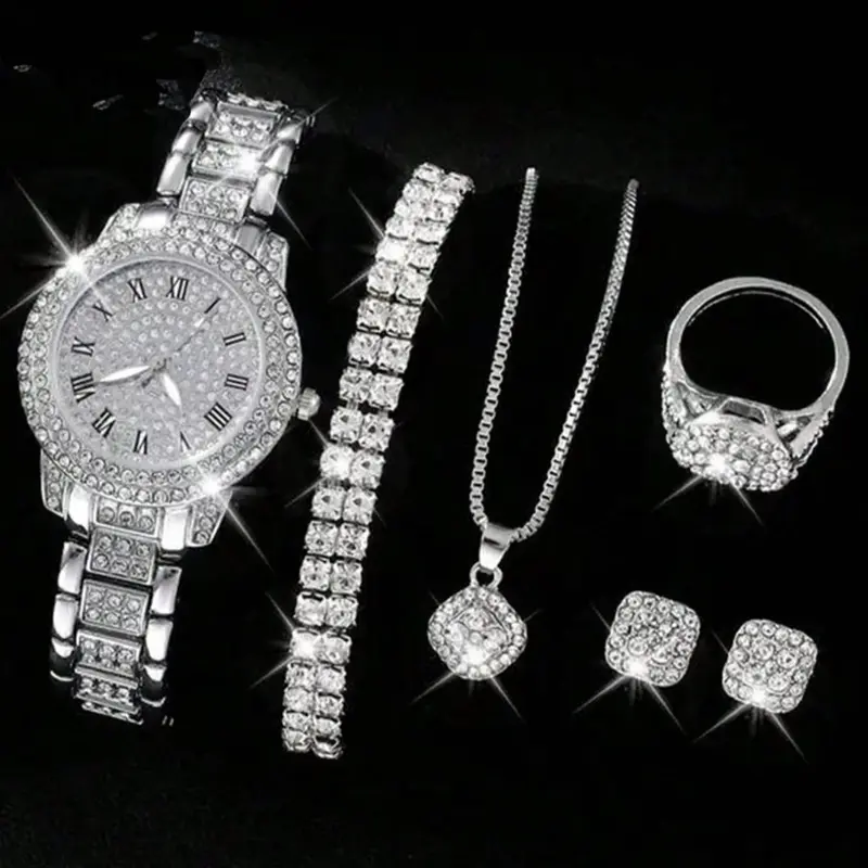 Women's Elegant Fashion Watch & Jewelry Set, Fashion Round Dial Wristwatch & Rhinestone Decorated Ring & Pendant Necklace & Bracelet & Ring, Exquisite Watch Set for Women