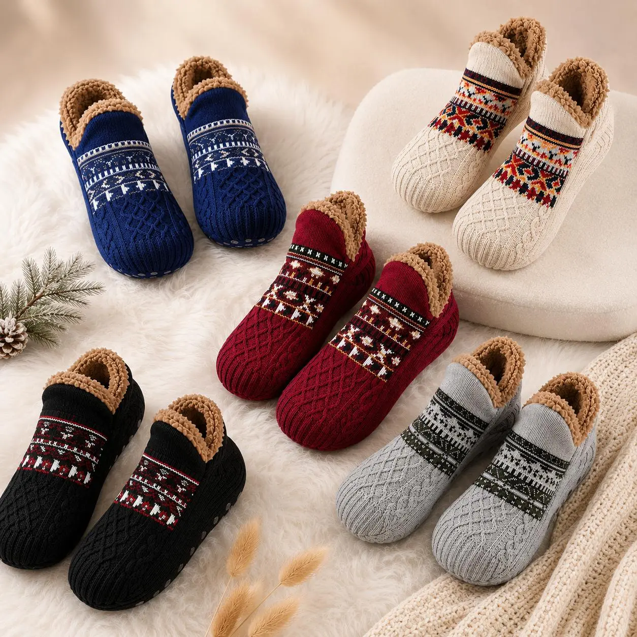 Winter Warm Slipper Socks for Men & Women, Fuzzy Plush Lined Non‑Slip House Socks, Soft Cozy Indoor Floor Socks with Silicone Grips