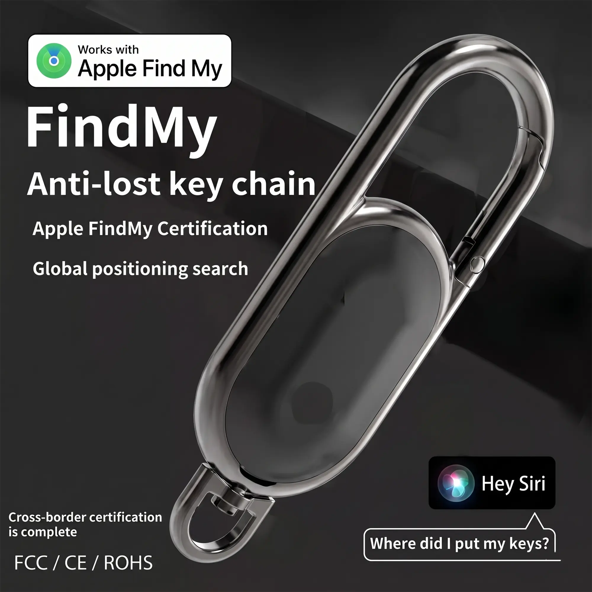 Durable Portable GPS AirTag Smart Carabiner Keychain - FindMy Sync Key Ring Tracker for iOS Car Key Fob Attachment