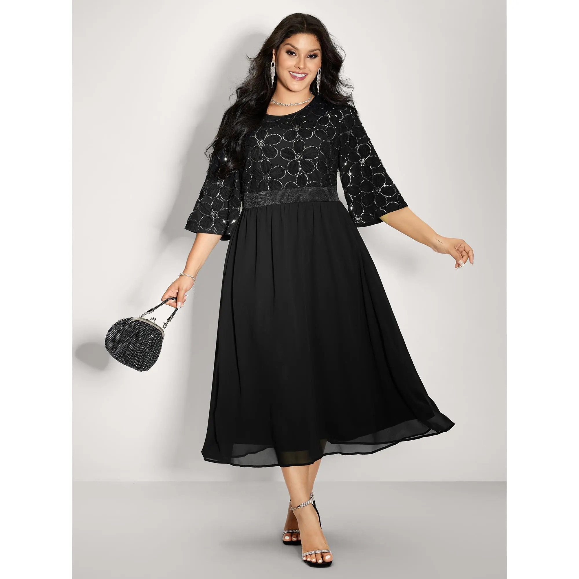 BLOOMCHIC Women's Plus Size Tummy Flattering Sequin Floral Tulle Midi Dress, Ruffled Round Neck, Short Sleeve, Ruched Waist, Colorblock, Side Pockets, Polyester Shell, Glam Style, Hand Wash Cold, M-6X, 2026 Summer Formal Cocktail Wear