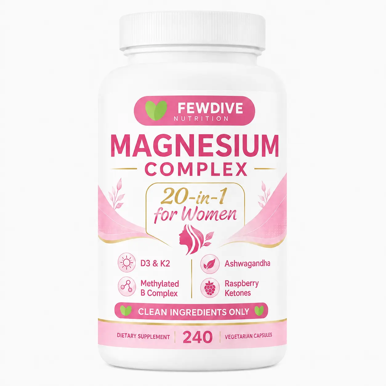 FEWDIVE Magnesium Complex for Women, 240 Vegetarian Capsules | 20-in-1 Formula - Magnesium Blend with Vitamin D3, K2, Ashwagandha & More | Filler Free, Non-GMO /  Healthcare,Dietary,Supplement,Edible,Bathroom,Optimum,Fitness