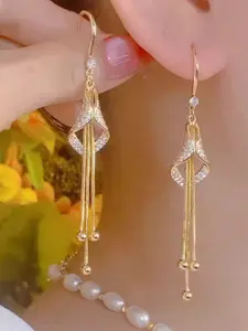 Elegant Korean Fashion Geometric Rhombus Long Tassel Earrings for Women, Versatile Full Diamond Dangle Ear Pendants, Slimming Face Design, Statement Earrings