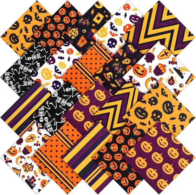 20 Pieces 10 x 10 Inch Halloween Fabric Quilting Bat Pumpkin Skull Print Patchwork Squares Craft Bundle Mixed Pattern Fabric Halloween Theme Decorative for DIY Decor(Stylish Style)