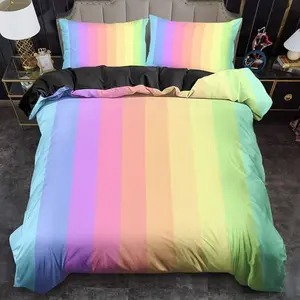 Rainbow Striped Bedding Set, Queen Size, Bedroom Decor, 2-3 Piece, Polyester Fiber, Soft Texture, Modern Design