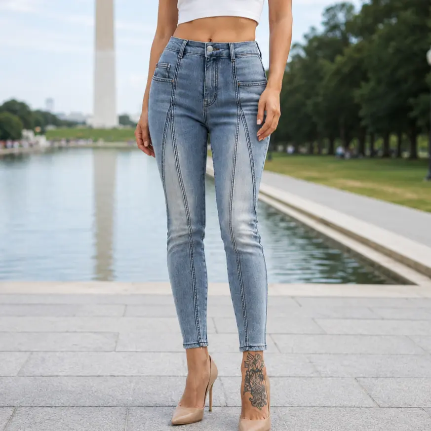 Women's Mid-Rise Stretchy Cotton Washed Skinny Slim Fit Jeans - Light Medium Wash, Contrast Stitch, Vintage Ankle Length, All-Season Clothes Piece, for Trendy Streetwear, BTN018-B