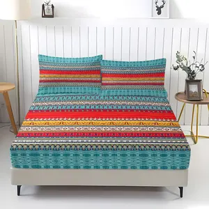 Boho Tribal Stripe Print Fitted Sheet Set (3 Piece, Includes 1 Fitted Sheet + 2 Pillowcases, No Filling), Ethnic Bohemian Style Soft Bedding Set, Perfect for Bedroom Decor