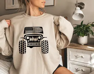 Patriotic Jeep Off-Road Sweatshirt Hoodie T-Shirt | American Flag & Pine Tree Graphic Shirt | Gildan 5000 Tee, 18000 Crewneck, 18500 Hoodie | Gift for Adventurers, Jeep Fans & USA Streetwear Collectors