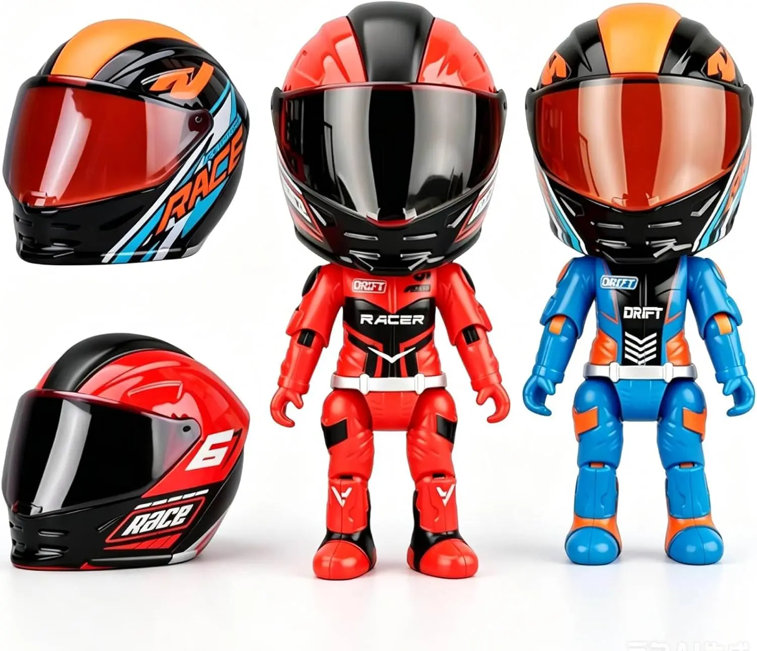 Mini Motorcycle Helmet Heroes Transforming Figurine - Hidden Racer Inside, 360° Articulated Joints, Flat-Fold Storage, Desktop Decor Figures, Red/Blue, Gift for Enthusiasts, Collectible Articulated Model, Jointed Action Figures, Multi Jointed Collectible