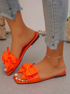 Summer New Color Bow Square Toe Bowknot Design Sandals, Women's Outdoor Flat Shoes, Versatile Fairy Style, Fashionable Plain Design, Less Than Ankle Height