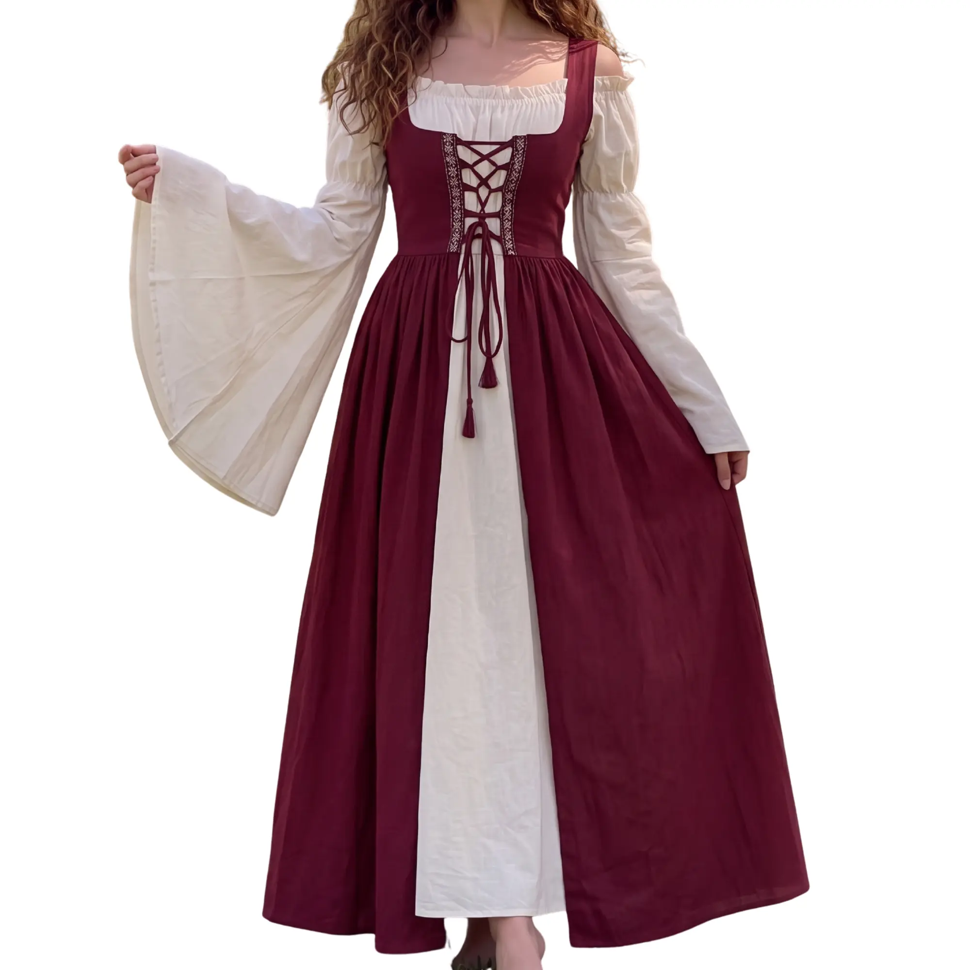 Renaissance Faire Dress for Women, Medieval Costume Gift for Her, Bell Sleeve Corset Gown, Halloween Outfit, Cottagecore Chemise Maxi Lightweight