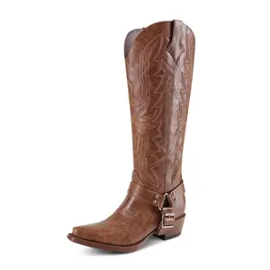 Cowboy Boots for Women with Buckle Strap Knee High Cowgirl Boots Embroidered Pointed Toe Chunky Heel Pull On Western Tall Boots for Rodeos Party Concert Festival