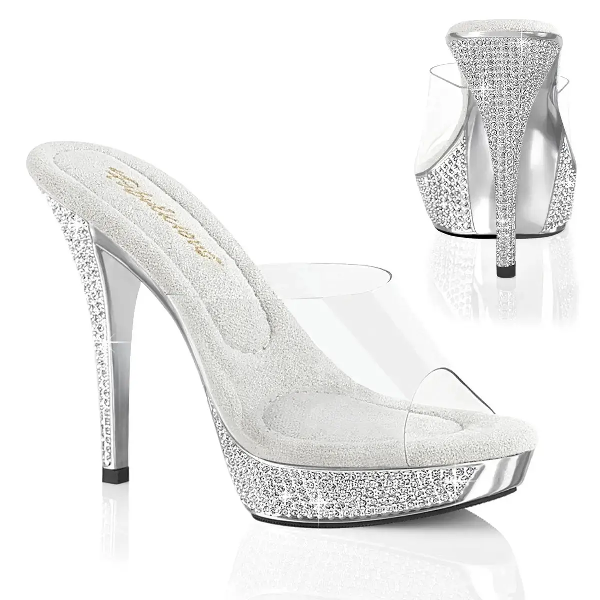 Fabulicious Athena-501 Women's Rhinestone Platform Slide Clear/Silver Chrome