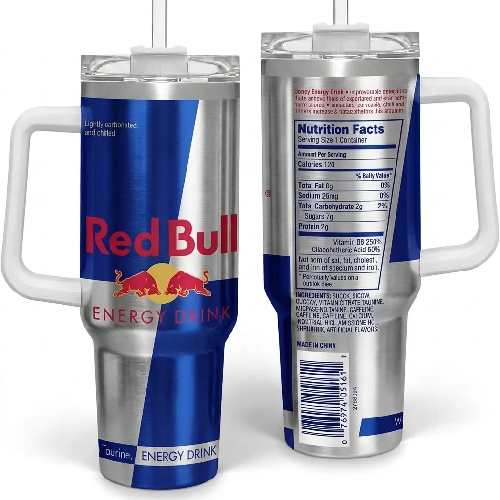 Energy Drink Can 40oz Tumbler With Handle, Silver Blue Red Stainless Steel Travel Mug, Insulated Water Bottle With Straw, Funny Energy Drink Can Gift, Gym Fitness Drinkware, Cool Stainless Steel Travel Tumbler