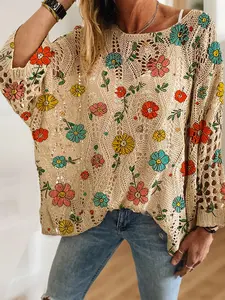 Women's Boho Floral Print Knit Top, Casual Elegant Vacation Style, Comfortable Breathable Loose Fit, Batwing Shoulder Design Long Sleeve, Spring Summer Fall Fashion, Knitwear