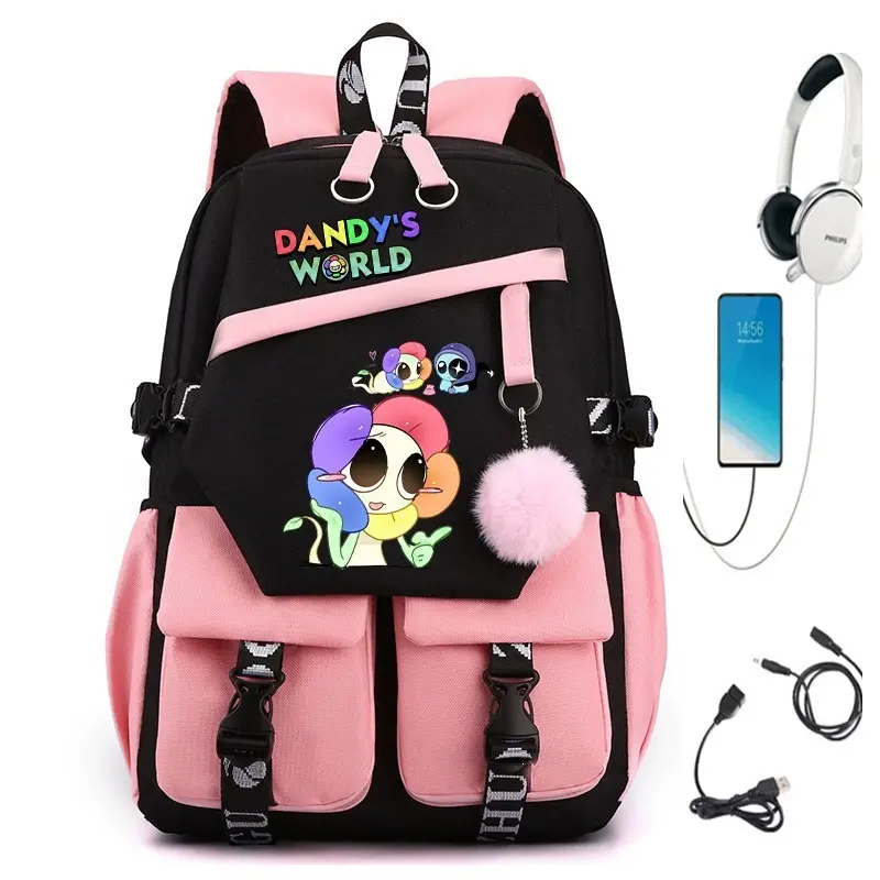 Black and Pink Dandy's World Print Backpack, Trendy Cartoon Flower Character Print Bookbag, Large Capacity Travel Rucksack With Charging Port and Headphone Cable Hole, Soft Pom Pom Decor School Daypack