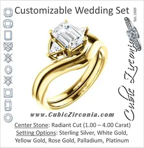 CZ Wedding Set, featuring The Sophie engagement ring (Customizable 3-stone Twisting Bypass Style with Radiant Cut Center and Triangle Accents)