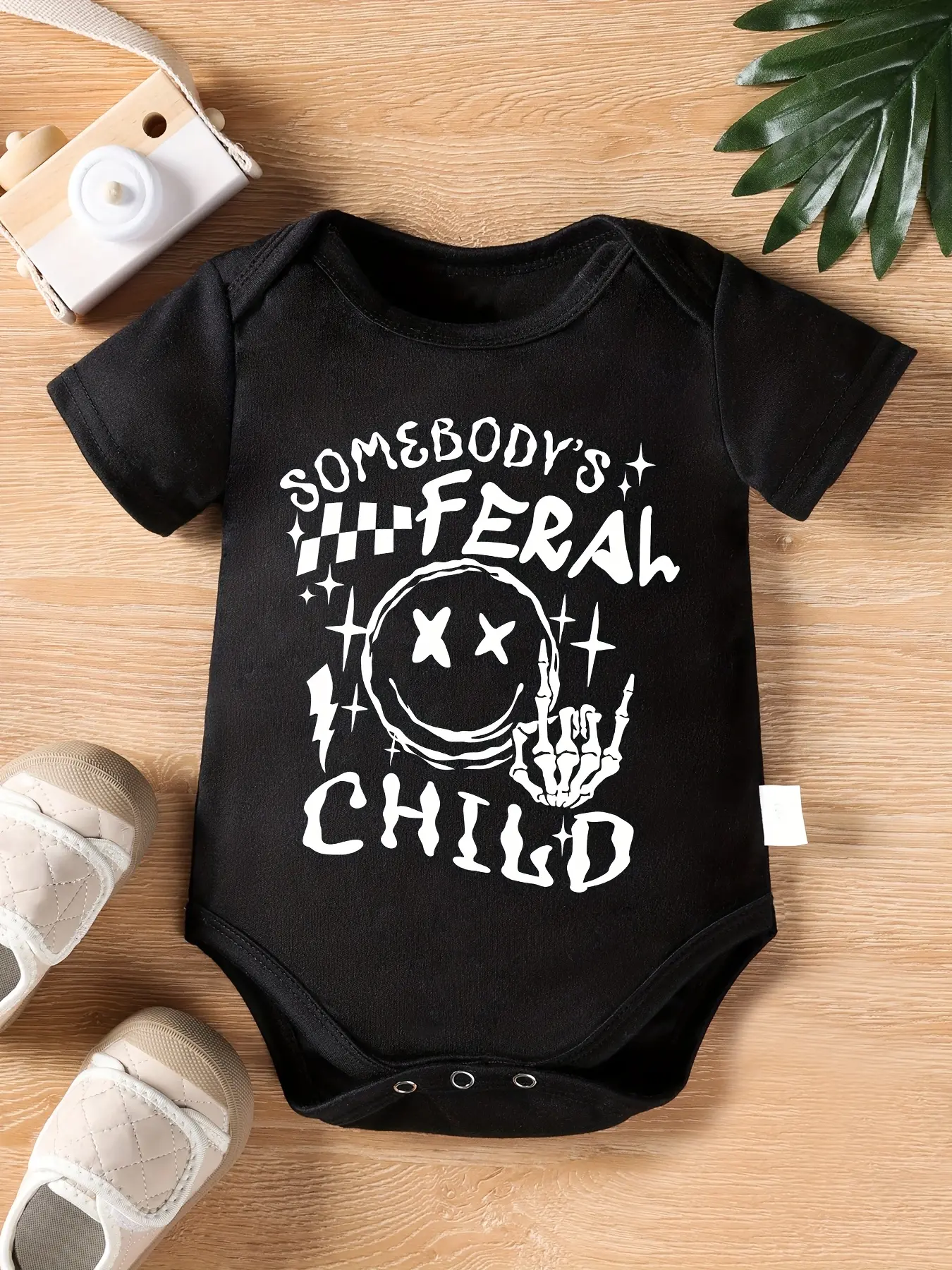 Somebody's Feral Child Short‑Sleeve Baby Bodysuit, Smiley Face Skeleton Hand Lightning Star Graphic Soft Cotton Infant Onesie