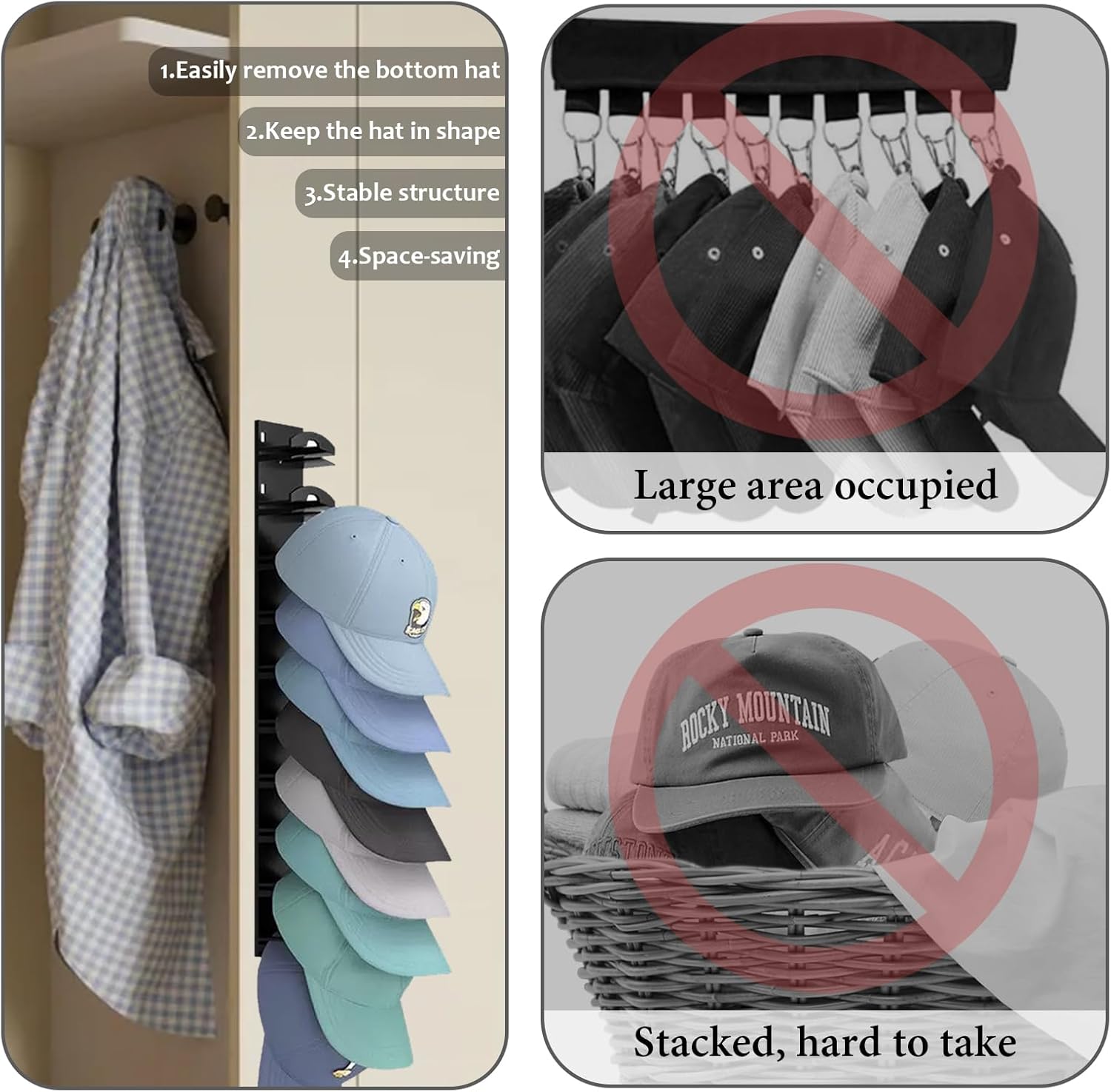 1 ps 10 Hat Organizer for Baseball Caps, Hat Rack for Wall with Strong Adhesive, Cap Organizer for Door, Bedroom, Closet (Black)