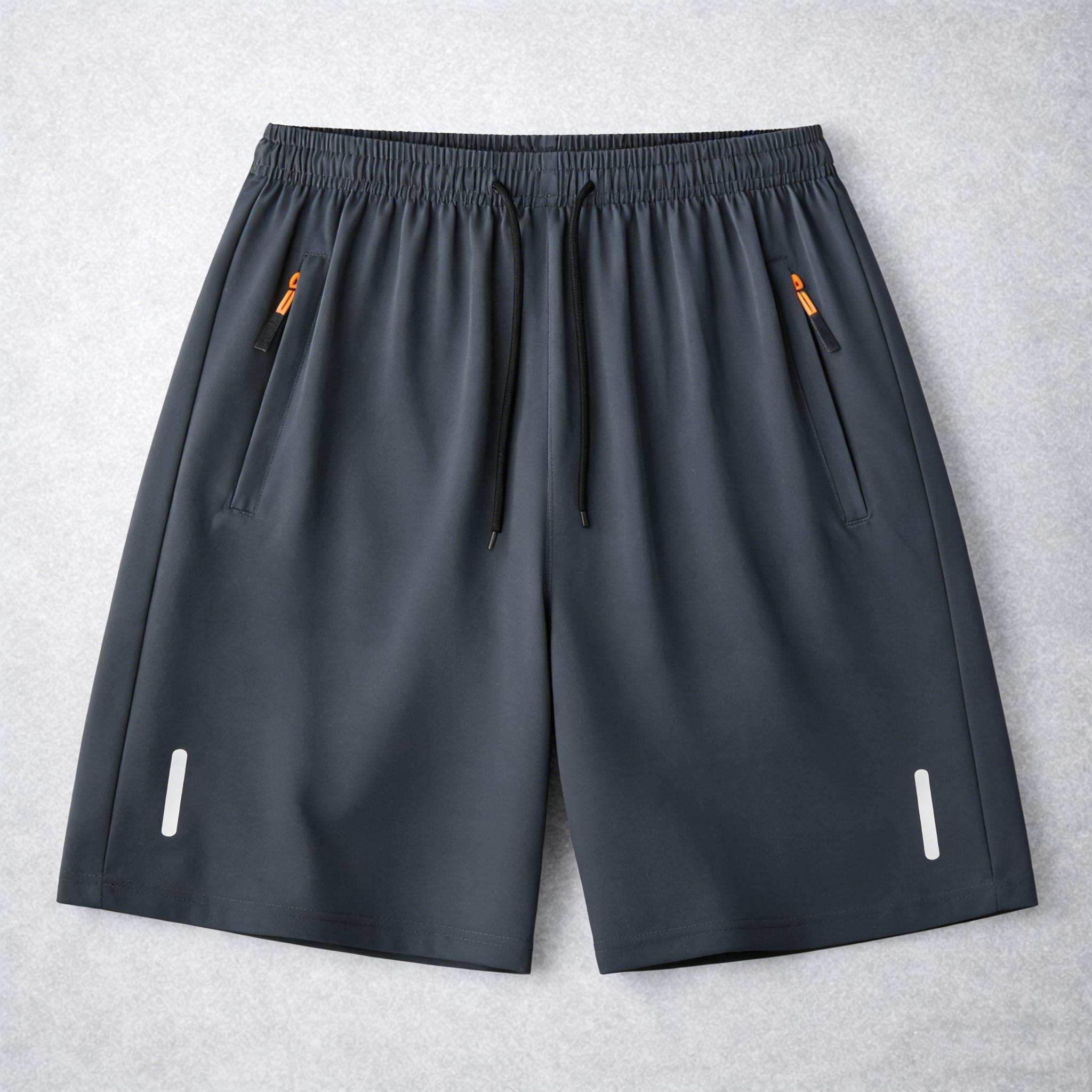 7-pack men’s ice silk quick-dry athletic shorts featuring zippered pockets and contrasting zipper head design; breathable, lightweight ice silk summer shorts for fitness, running, and casual wear—an essential for workouts and comfortable for home wear in