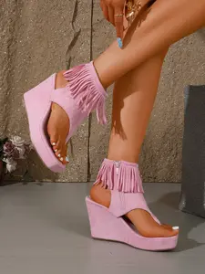 New Summer Fringe Wedge Sandals for Women, Open Toe Back Zip Thick Sole, Boho Style Waterproof Platform Shoes, Fashionable and Versatile
