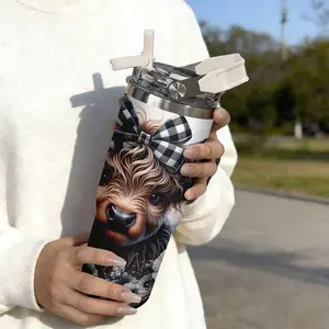 30oz Stainless Steel Thermal Handheld Mug, Bow Cow Print Design, Dual-Layer Vacuum Insulated Cold & Hot, Portable Travel Cup Gift, Vacuum Insulated Tumbler