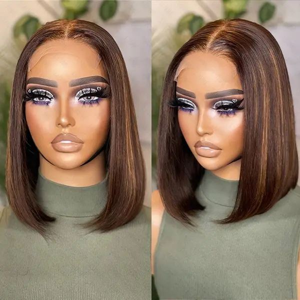 Luvme TikTok Shop | Glueless Chestnut Brown Highlights Straight 4x4 Closure Bob Wig