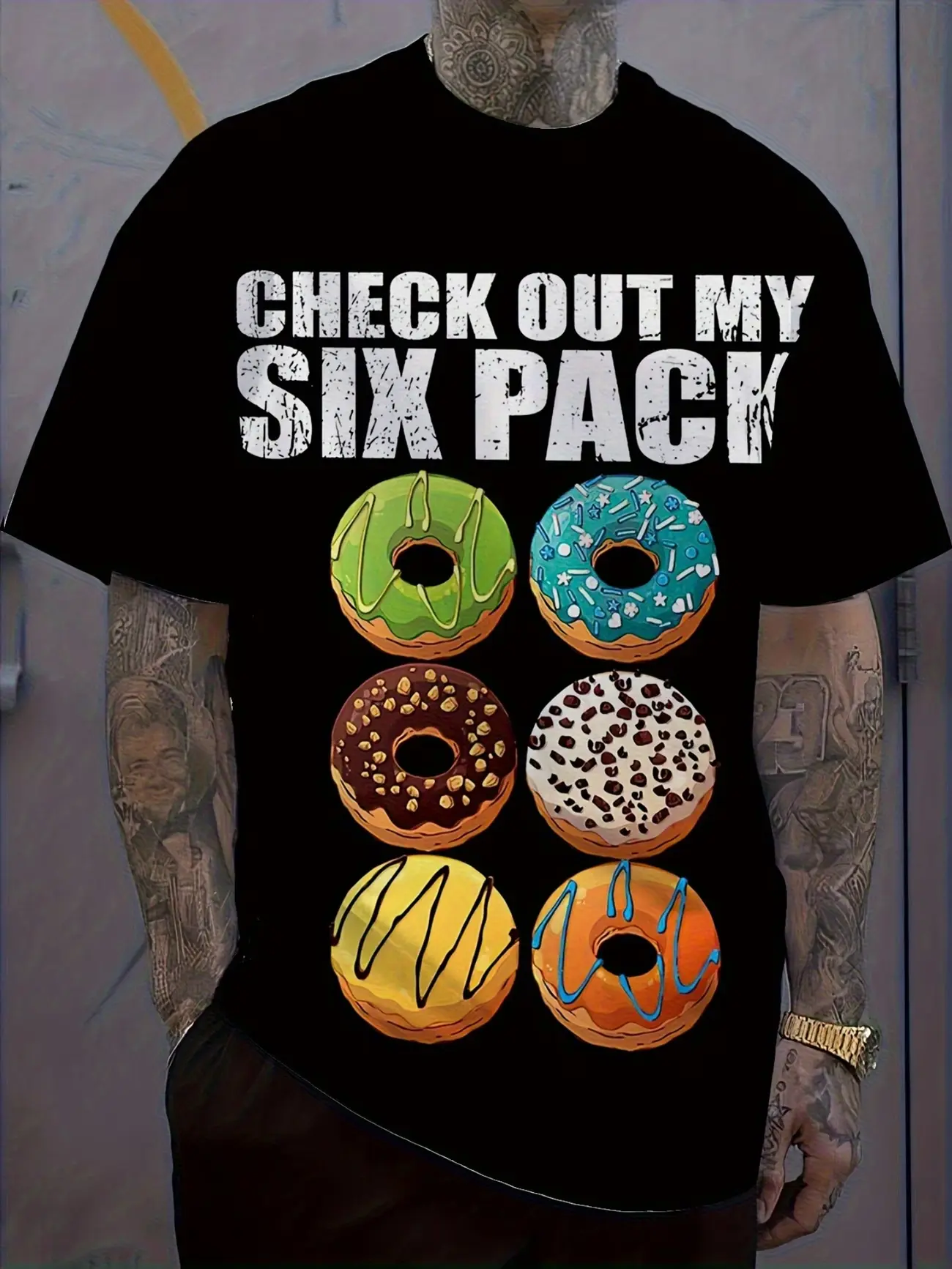 Plus Size Printed Fashion Casual Crew Neck T-Shirt with Bold Donut Pattern Summer Versatile Suitable for Outdoor Beach Play Machine Washable