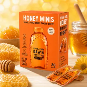 Raw & Unfiltered Honey Minis Packets, Single Serve Pure Honey Snack Packs, Convenient Travel Size Natural Sweetener, Individual Honey Portions, 20 Count Box