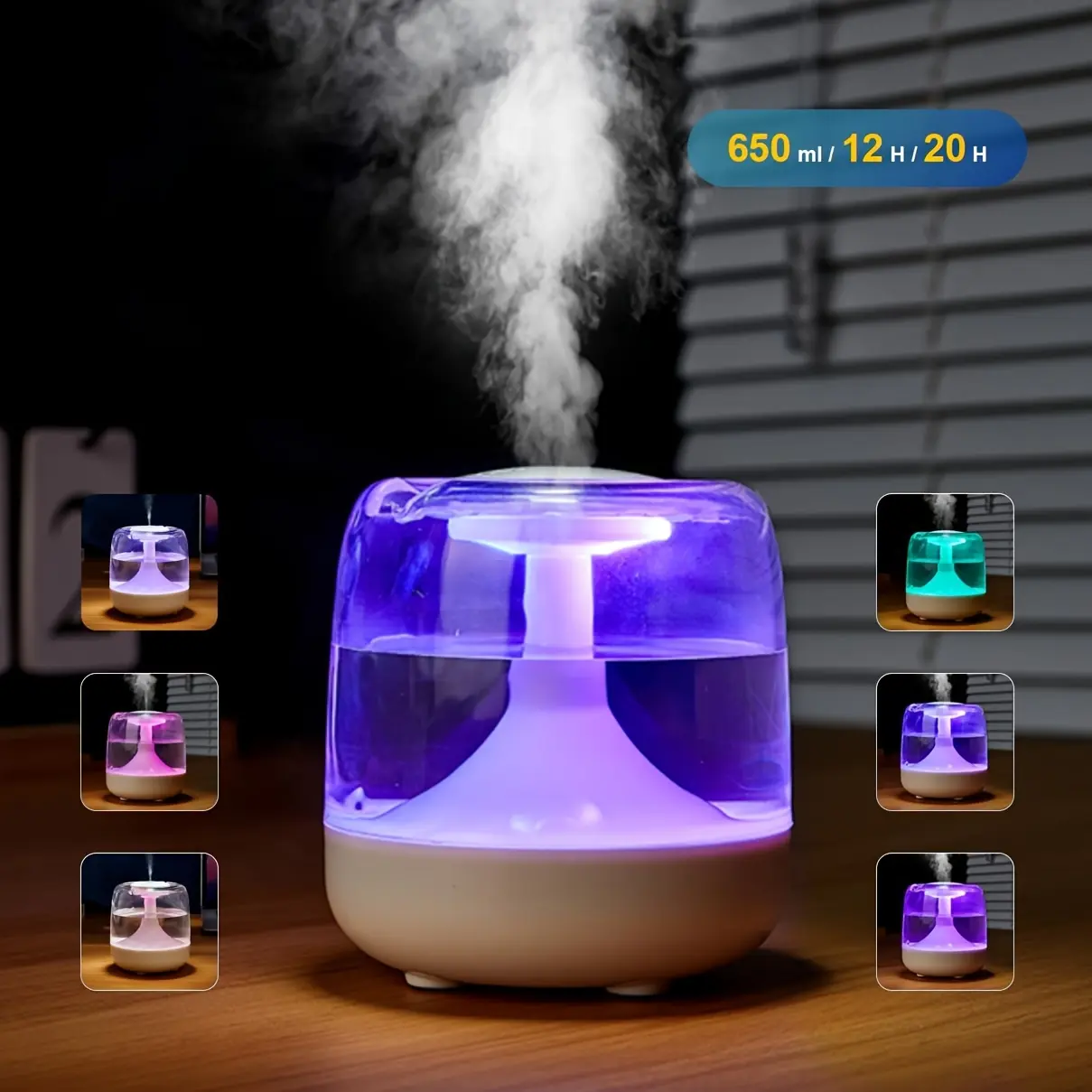 Compact 650ml Desktop Cool Mist Humidifier, Home Appliances with 7-Color LED Light for Bedroom, Office Tabletop