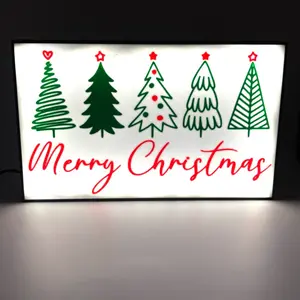 Four Trees Merry Christmas Light Up LED Sign - Festive Home Decor Room Set Switch Ornaments Decoration