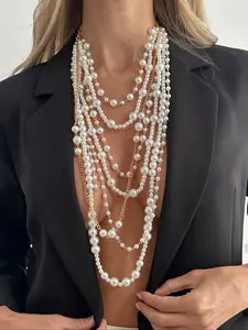 Bohemian Multi-Layer Faux Pearl Fashion Women's Cross Chain Necklace, Vintage Exaggerated Daily Party Jewelry Gift, Modern Versatile Accessories