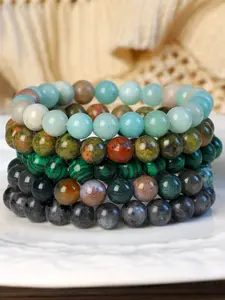 5 pcs Gemstone Bracelets, Natural Amazonite Stone Beads, 8mm Indian Agate Beaded Elastic Bracelet,Black Labradorite Unisex Jewelry