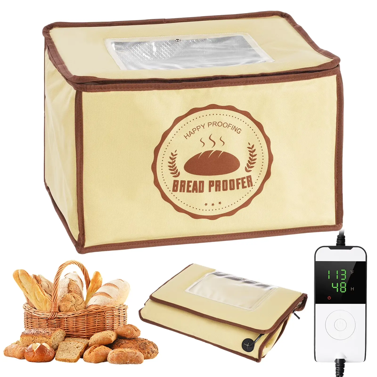 Collapsible Dough Proofing Box with Temperature Control, 50–113°F, 48H Timer, 32L Large Capacity, Foldable Bread & Pizza Proofer for Home Baking