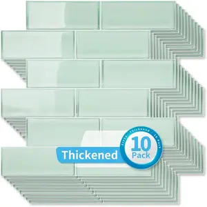 10-Pack Heavy-Duty Peel and Stick Backsplash, 12 x 12 Inch Vinyl Seaglass Subway Design Stick  Wall Tile for Kitchen Living Room  Decor, Aqua Green