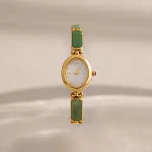 Jade Band Timepiece by Caitlyn Minimalist - Vintage Green Jade Link Watch in 18K Gold Finish - Dainty Gemstone Jewelry - Best Friend Gift