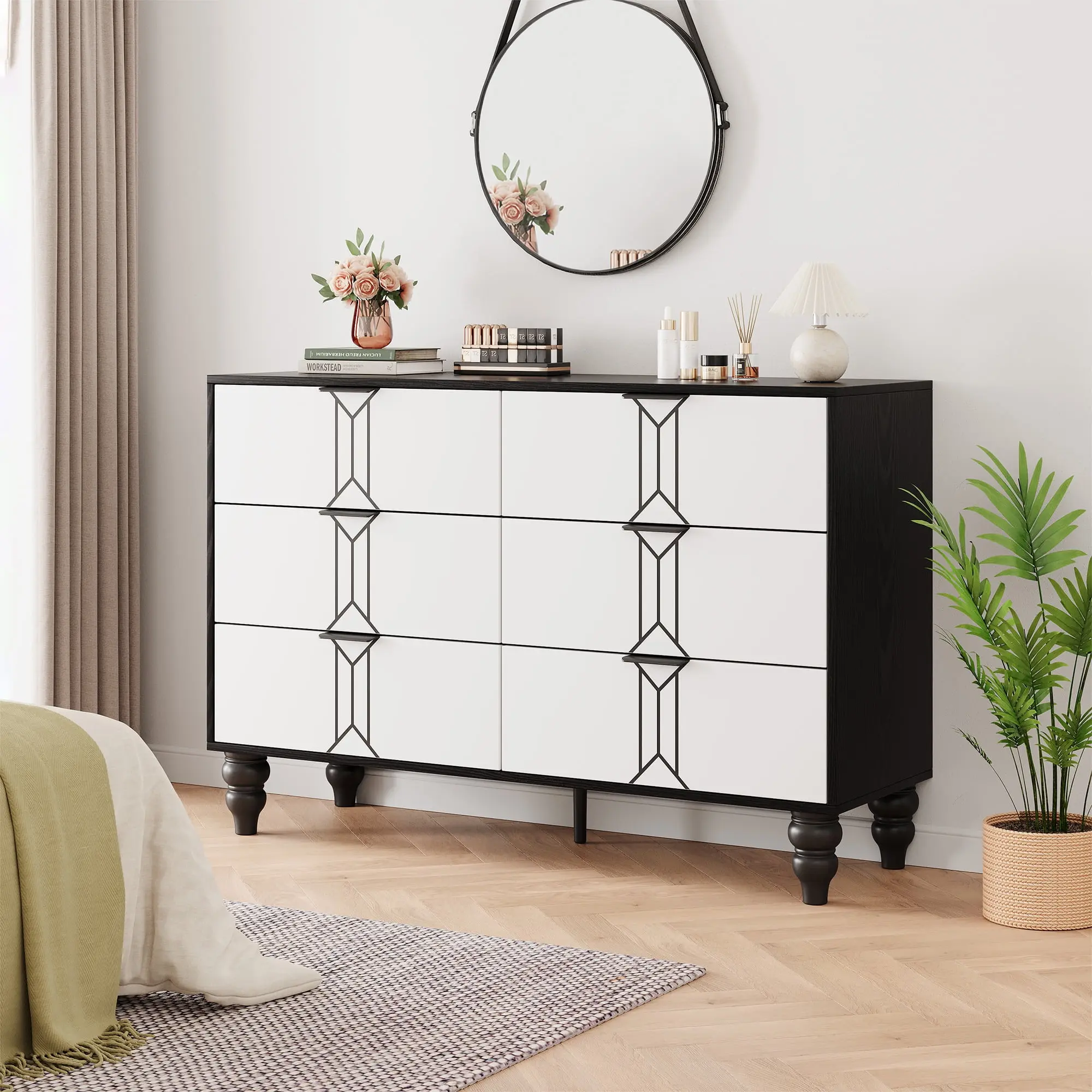 Gaomon Modern Scroll Pattern 6-Drawer Storage Chest - Neutral Finishes, Multiple Drawers, Durable Indoor Furniture, Easy Setup, Assembly Required, Space-Saving for Bedroom, Office