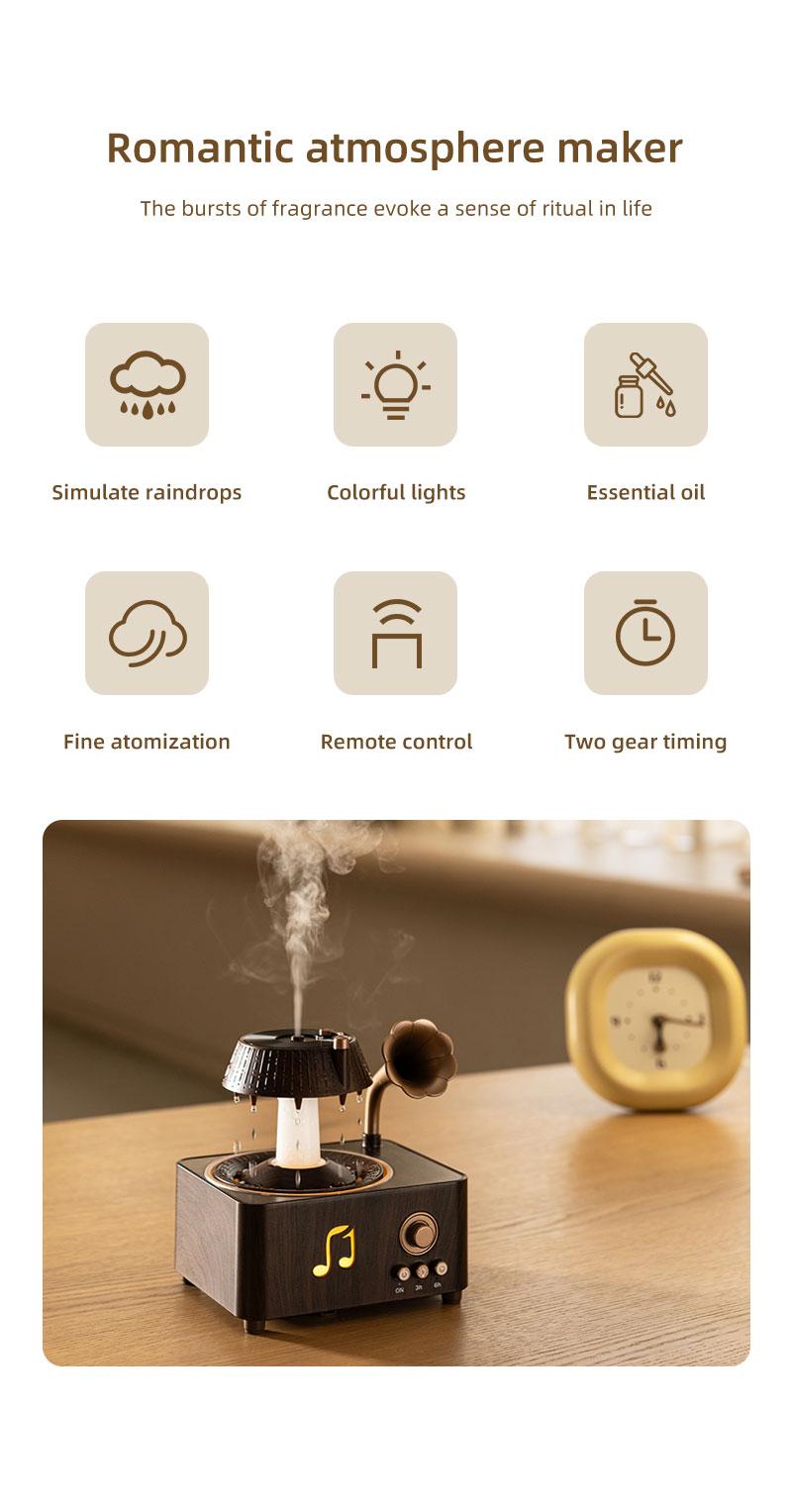 Aromatherapy Diffuser, 250ml Rotating Raindrop Record Player Design Essential Oil Diffuser & Water Mist Humidifier, Ultrasonic, Wood Grain with Remote Control, Colorful LED Night Light, Timer for Bedroom Home Office Decor