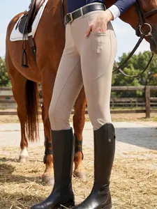 Women's Horseshoe Pattern Silicone Riding Pants, Full Seat Silicone, Professional Pocket Pants, Ladies Equestrian Clothing, Sportswear Bottoms for Indoor Outdoor Wear, Side Pocket Leggings