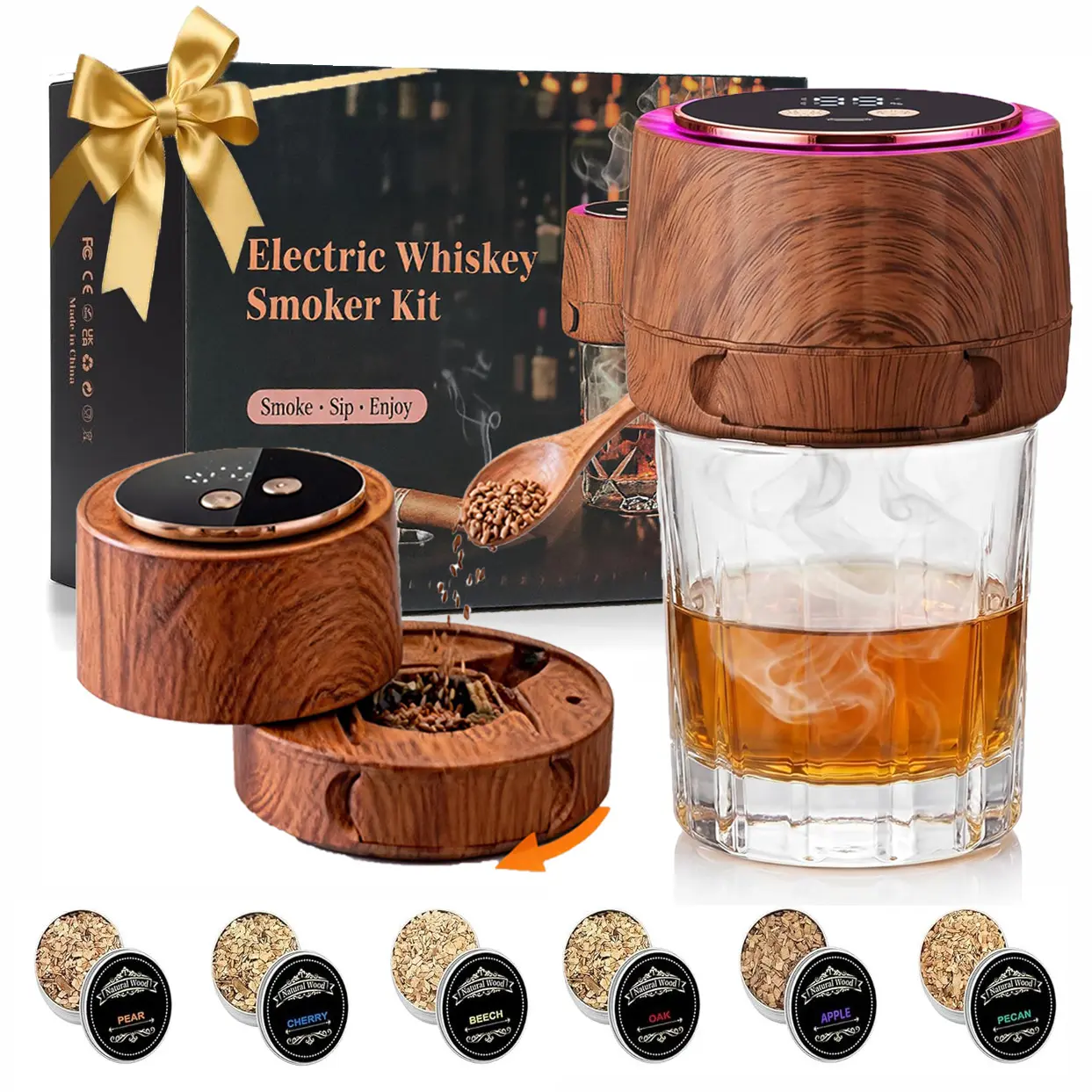 Electric Cocktail Smoker Kit rechargeable go holiday gift set with 6 Wood Chip Flavor Packs - Drink Aroma Enhancer for Whiskey Rum & Classic Cocktails lover - Built-in lighter Battery  Machine for Home Entertaining ice ball bourbon   premium gin set summe