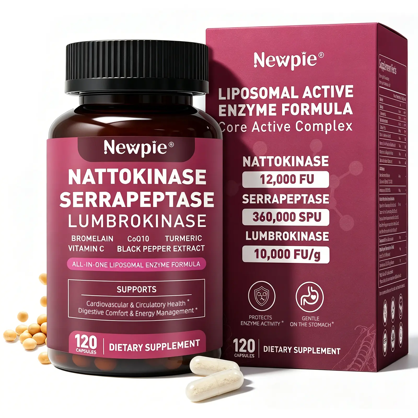 Nattokinase 12,000 FU + Serrapeptase 360,000 SPU + Lumbrokinase Systemic Enzymes for Heart & Circulation Support, Max Strength, 120 Capsules
