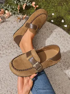 Women's Leopard Print Suede Mule Slippers, Metal Buckle Thick Sole, Retro Casual Half Slipper, Comfortable All Season Shoes, Slip On Mules