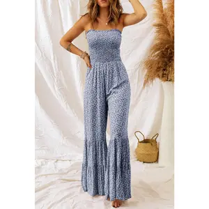 Dusk Blue Thin Straps Smocked Bodice Wide Leg Floral Jumpsuit