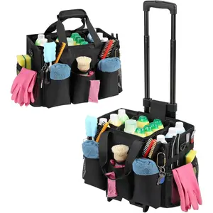 Rolling Cleaning  Bag with Detachable Trolley, Professional Portable Large Cleaning Bag with Wheels, Wearable Cleaning  Bag on Wheels for Housekeepers, Black