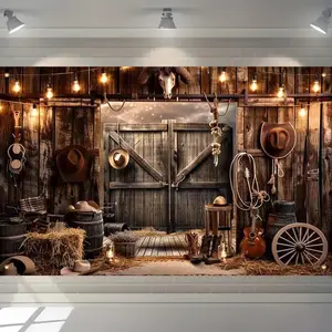 Western Cowboy Backdrop Cloth for Rustic Wild West Decor, Durable Polyester Banner for Parties and Birthdays, Perfect Photo Booth Background for Group Pictures