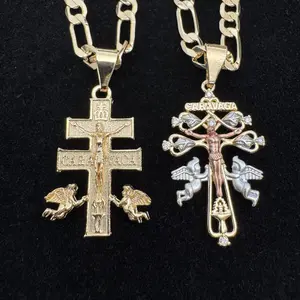 Cruz De Caravaca Necklace Double Jesus Cross 14k Gold Plated