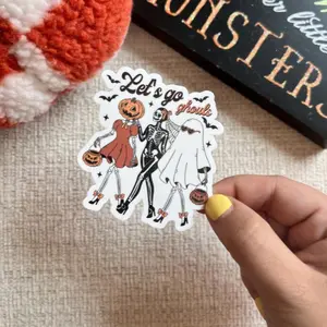 Let's Go Ghouls Sticker - Halloween Design Featuring Skeleton Couple & Pumpkin - Easy to Use and Display - Spooky Touch for Your Home Decor