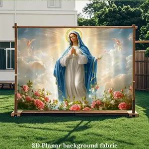 2D HD Virgin Mary Backdrop Banner 1PC Angels Floral Religious Design Durable Polyester Cloth Versatile for Birthdays Anniversaries Graduations Wedding Planners Decor Ornaments Nature
