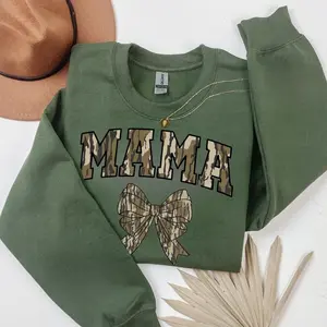 Camo Bow T-Shirt, Camo Mama Shirt, Camo Coquette Bow Shirt, Duck Hunting Shirt, Old School Camo Shirt, Cotton All Gift for Women, Gift for Man, Full Size, Full Color Top Womenswear